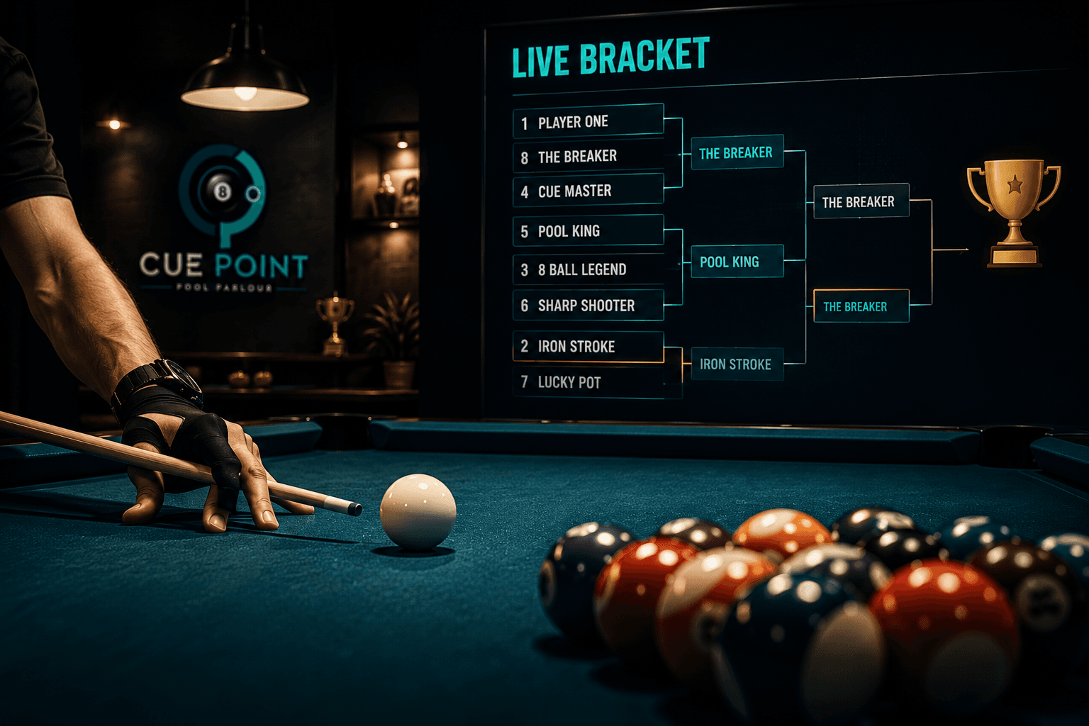 Player breaking a rack beside the Cue Point live bracket screen